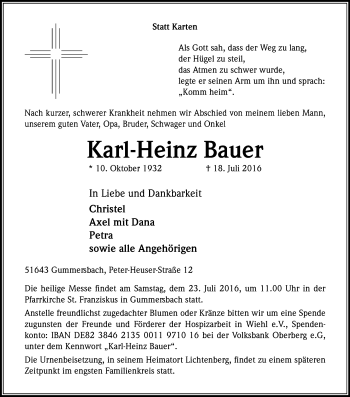 Anzeige von Karl-Heinz Bauer von Kölner Stadt-Anzeiger / Kölnische Rundschau / Express