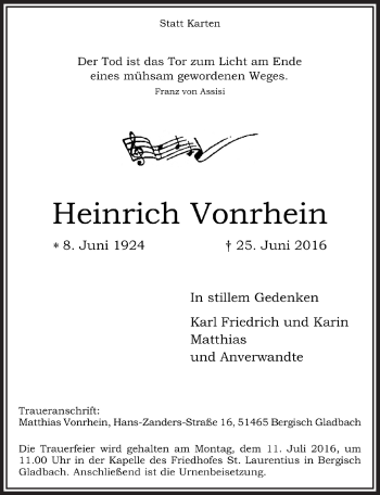 Anzeige von Heinrich Vonrhein von  Bergisches Handelsblatt 