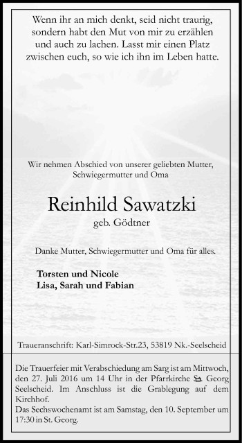 Anzeige von Reinhild Sawatzki von Kölner Stadt-Anzeiger / Kölnische Rundschau / Express