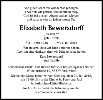 Anzeige von Elisabeth Bewersdorff von Kölner Stadt-Anzeiger / Kölnische Rundschau / Express