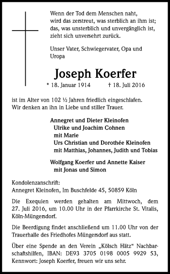 Anzeige von Joseph Koerfer von Kölner Stadt-Anzeiger / Kölnische Rundschau / Express