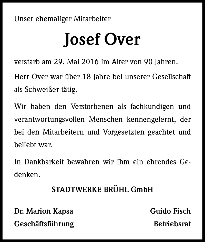  Traueranzeige für Josef Over vom 06.07.2016 aus Kölner Stadt-Anzeiger / Kölnische Rundschau / Express