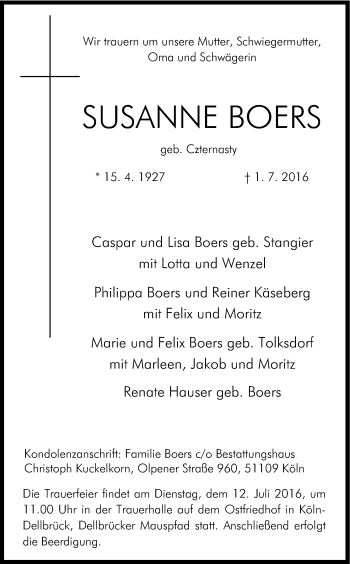 Anzeige von Susanne Boers von Kölner Stadt-Anzeiger / Kölnische Rundschau / Express
