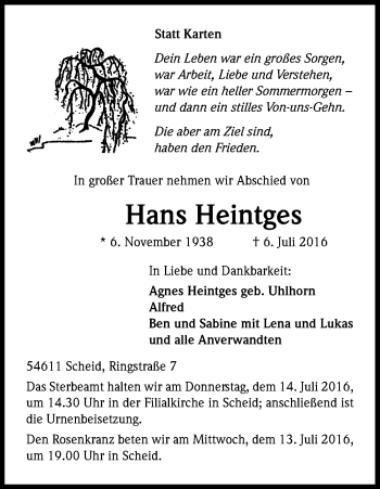 Anzeige von Hans Heintges von Kölner Stadt-Anzeiger / Kölnische Rundschau / Express
