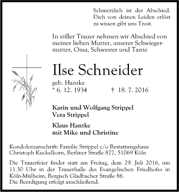 Anzeige von Ilse Schneider von Kölner Stadt-Anzeiger / Kölnische Rundschau / Express