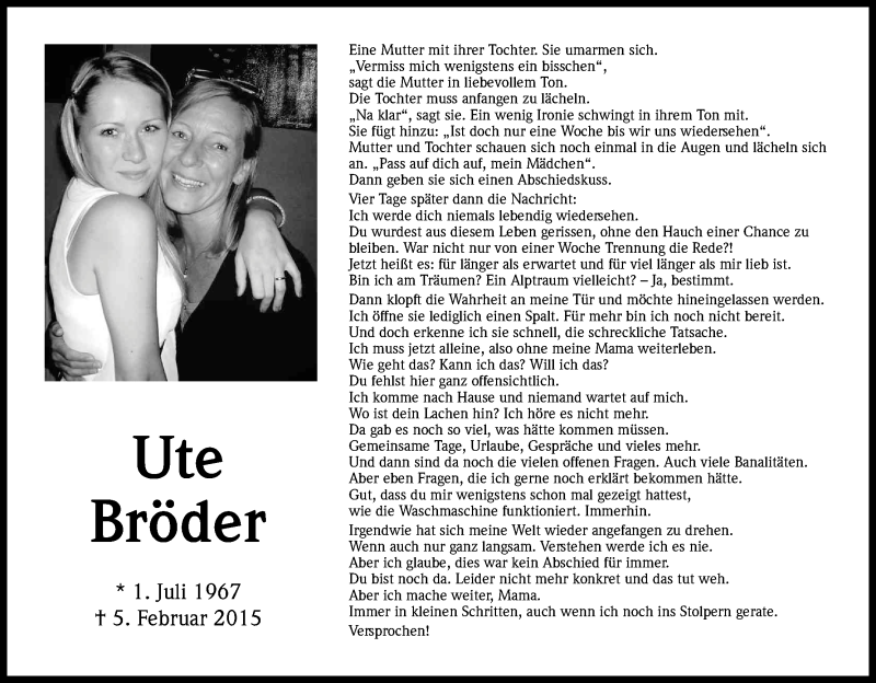  Traueranzeige für Ute Bröder vom 02.07.2016 aus Kölner Stadt-Anzeiger / Kölnische Rundschau / Express