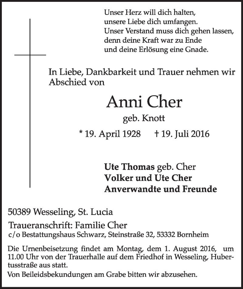  Traueranzeige für Anni Cher vom 27.07.2016 aus  Schlossbote/Werbekurier 