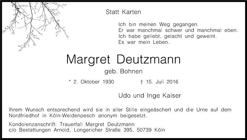  Traueranzeige für Margret Deutzmann vom 23.07.2016 aus Kölner Stadt-Anzeiger / Kölnische Rundschau / Express