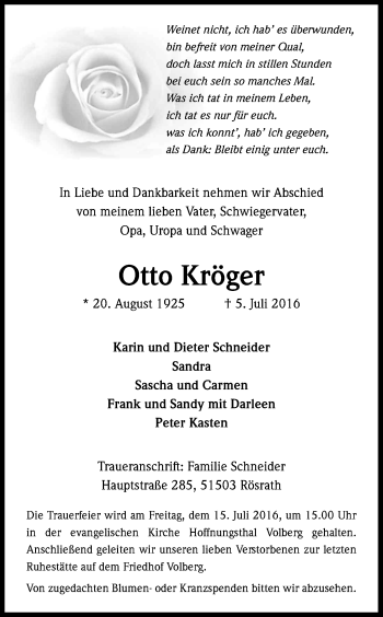 Anzeige von Otto Kröger von Kölner Stadt-Anzeiger / Kölnische Rundschau / Express