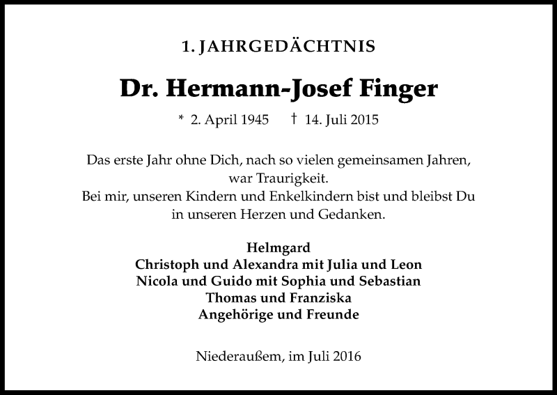  Traueranzeige für Hermann-Josef Finger vom 16.07.2016 aus Kölner Stadt-Anzeiger / Kölnische Rundschau / Express