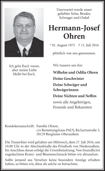 Anzeige von Hermann-Josef Ohren von  Sonntags-Post 