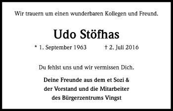 Anzeige von Udo Stöfhas von Kölner Stadt-Anzeiger / Kölnische Rundschau / Express