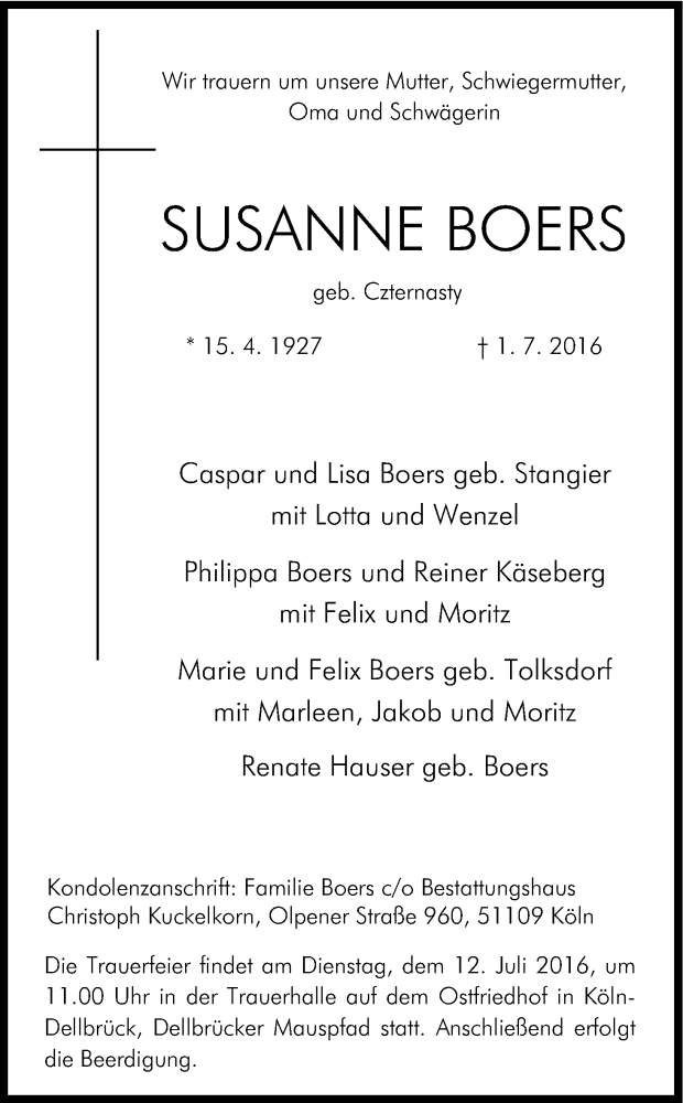  Traueranzeige für Susanne Boers vom 09.07.2016 aus Kölner Stadt-Anzeiger / Kölnische Rundschau / Express