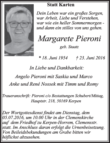 Anzeige von Margarete Pieroni von  Sonntags-Post 