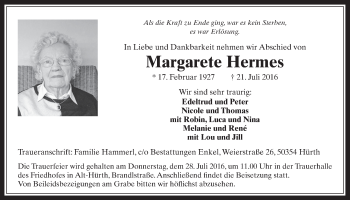 Anzeige von Margarete Hermes von  Wochenende 