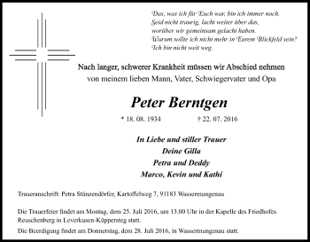 Anzeige von Peter Berntgen von Kölner Stadt-Anzeiger / Kölnische Rundschau / Express