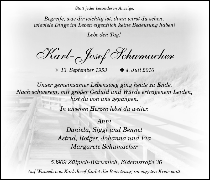  Traueranzeige für Karl-Josef Schumacher vom 09.07.2016 aus  Blickpunkt Euskirchen 