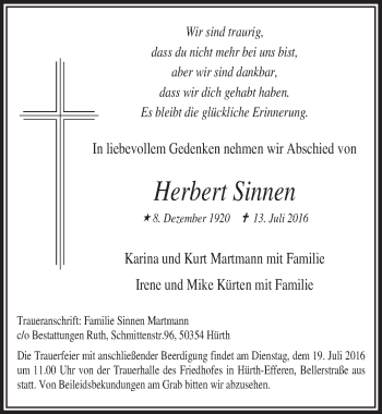 Anzeige von Herbert Sinnen von  Sonntags-Post 