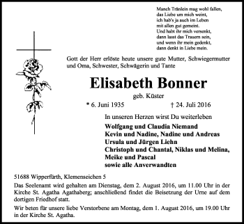 Anzeige von Elisabeth Bonner von Kölner Stadt-Anzeiger / Kölnische Rundschau / Express