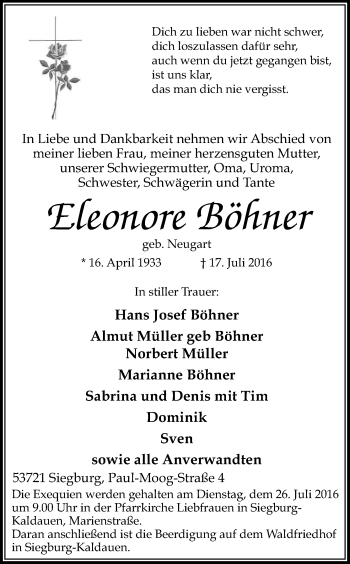 Anzeige von Eleonore Böhner von Kölner Stadt-Anzeiger / Kölnische Rundschau / Express