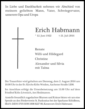 Anzeige von Erich Habmann von Kölner Stadt-Anzeiger / Kölnische Rundschau / Express