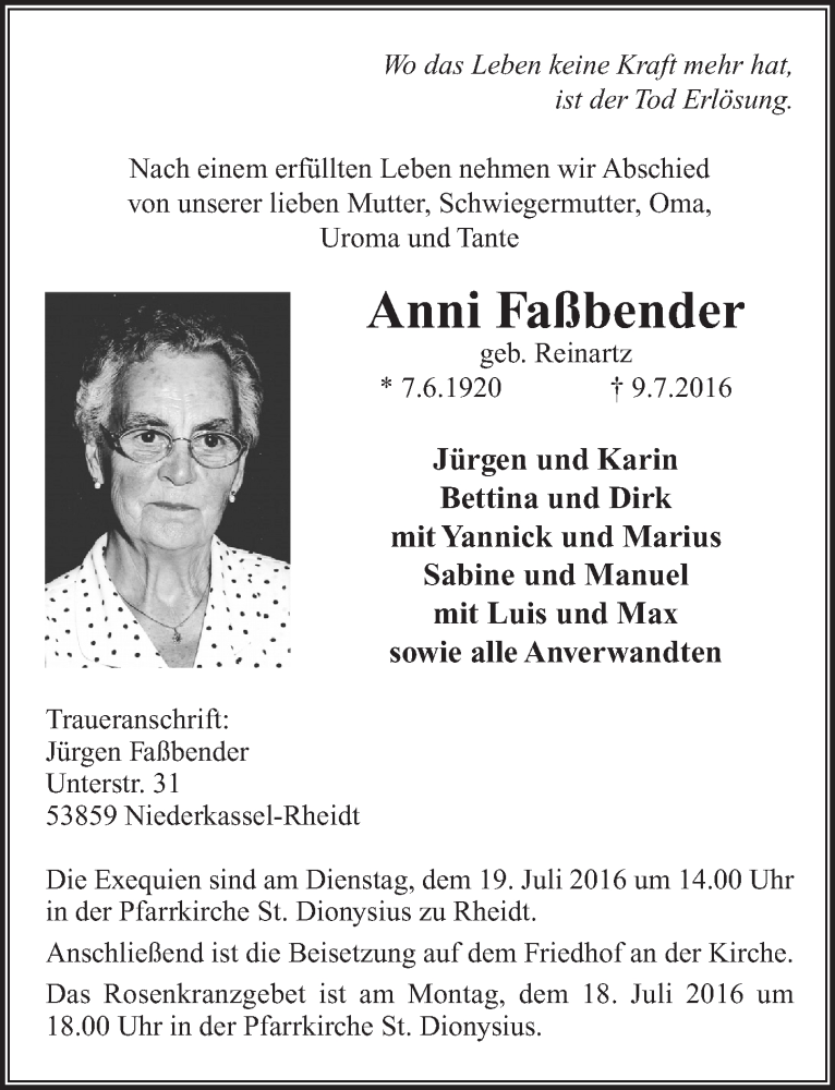  Traueranzeige für Anni Faßbender vom 13.07.2016 aus  Extra Blatt 