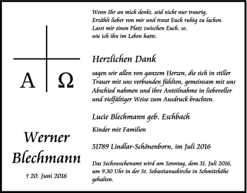 Anzeige von Werner Blechmann von Kölner Stadt-Anzeiger / Kölnische Rundschau / Express