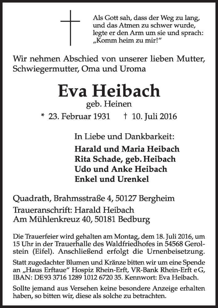  Traueranzeige für Eva Heibach vom 16.07.2016 aus  Sonntags-Post 