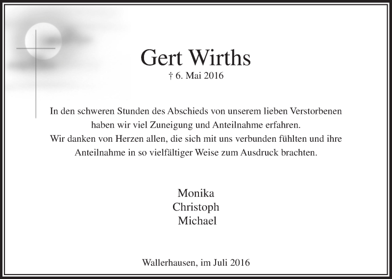  Traueranzeige für Gert Wirths vom 06.07.2016 aus  Lokalanzeiger 