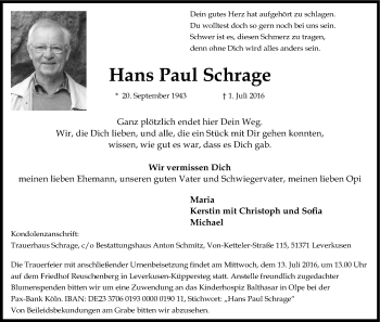 Anzeige von Hans Paul Schrage von Kölner Stadt-Anzeiger / Kölnische Rundschau / Express