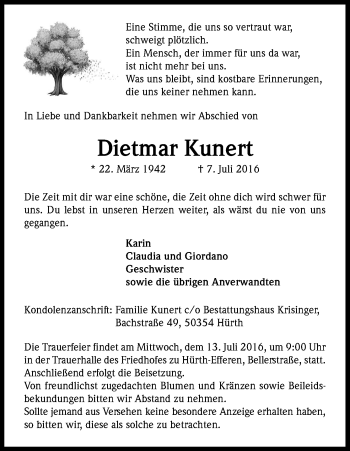 Anzeige von Dietmar Kunert von Kölner Stadt-Anzeiger / Kölnische Rundschau / Express