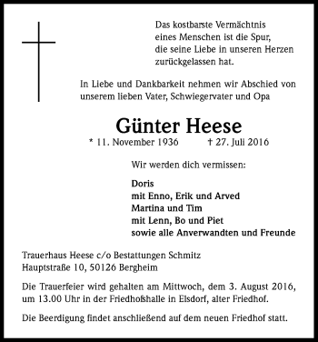 Anzeige von Günter Heese von Kölner Stadt-Anzeiger / Kölnische Rundschau / Express