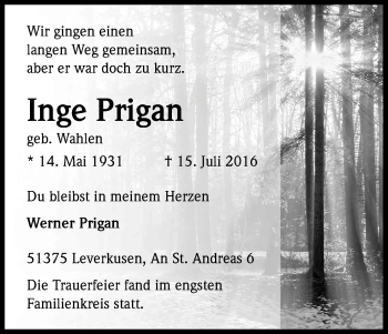 Anzeige von Inge Prigan von Kölner Stadt-Anzeiger / Kölnische Rundschau / Express