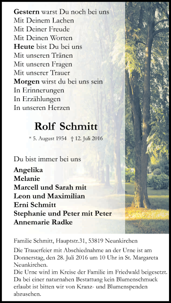 Anzeige von Rolf Schmitt von Kölner Stadt-Anzeiger / Kölnische Rundschau / Express