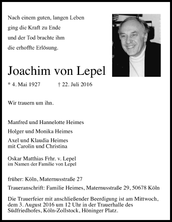 Anzeige von Joachim von Lepel von Kölner Stadt-Anzeiger / Kölnische Rundschau / Express