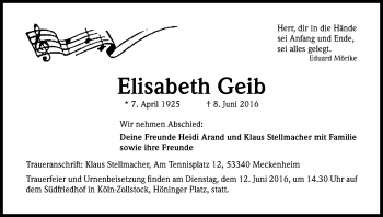 Anzeige von Elisabeth Geib von Kölner Stadt-Anzeiger / Kölnische Rundschau / Express