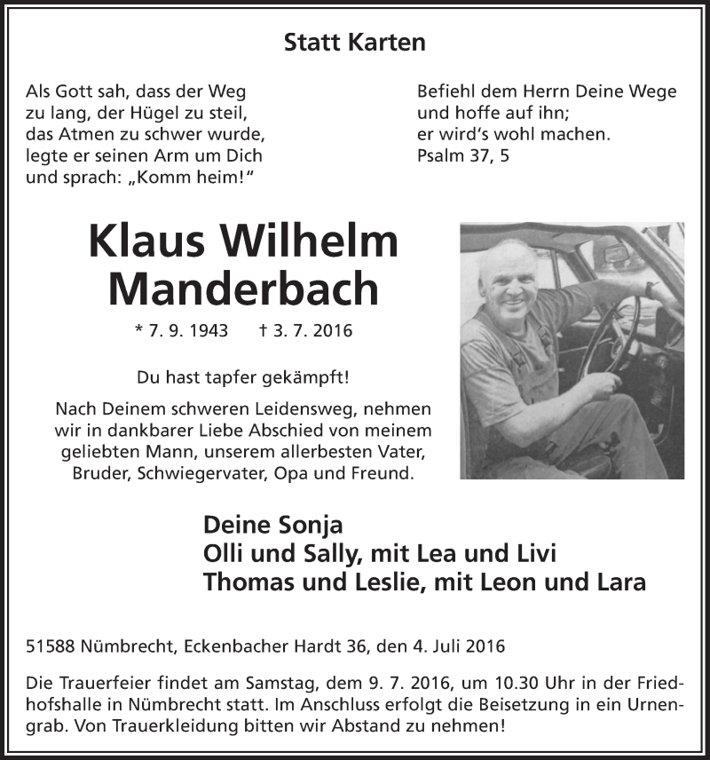  Traueranzeige für Klaus Wilhelm Manderbach vom 06.07.2016 aus  Lokalanzeiger 