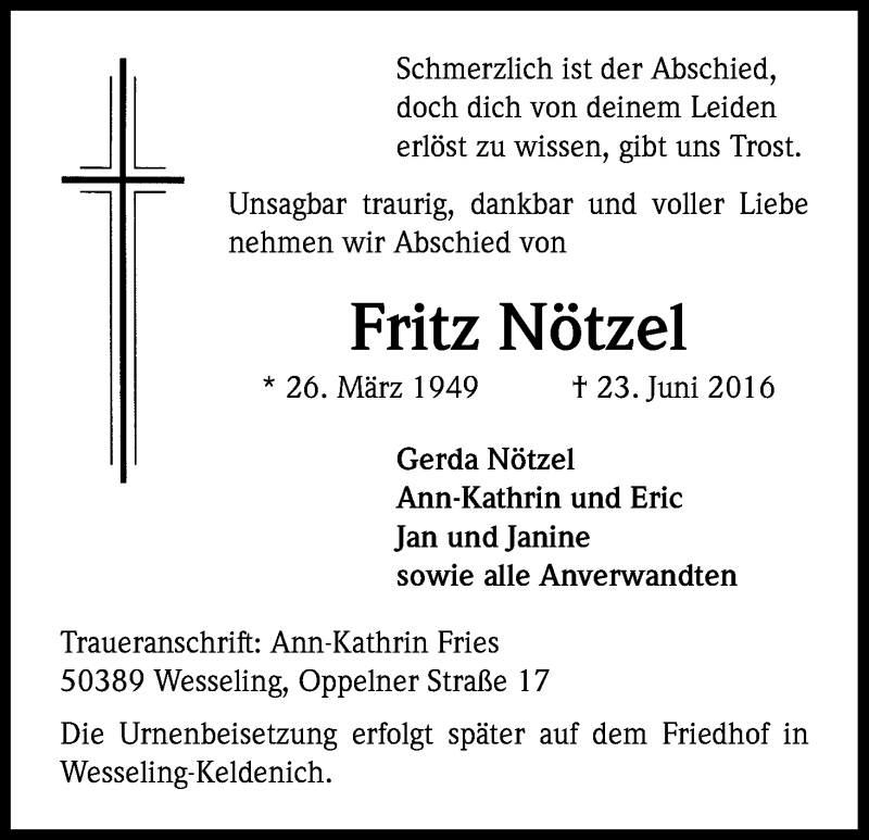 Traueranzeige für Fritz Nötzel vom 02.07.2016 aus Kölner Stadt-Anzeiger / Kölnische Rundschau / Express