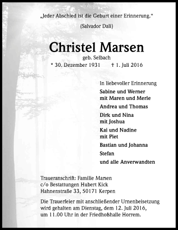 Anzeige von Christel Marsen von Kölner Stadt-Anzeiger / Kölnische Rundschau / Express