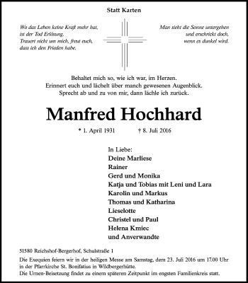 Anzeige von Manfred Hochhard von  Anzeigen Echo  Lokalanzeiger 