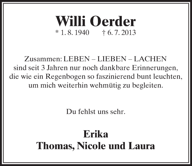  Traueranzeige für Willi Oerder vom 06.07.2016 aus  Schlossbote/Werbekurier 