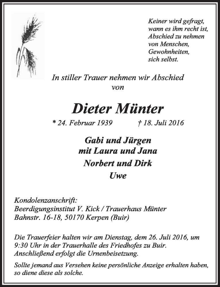  Traueranzeige für Dieter Münter vom 23.07.2016 aus  Sonntags-Post 