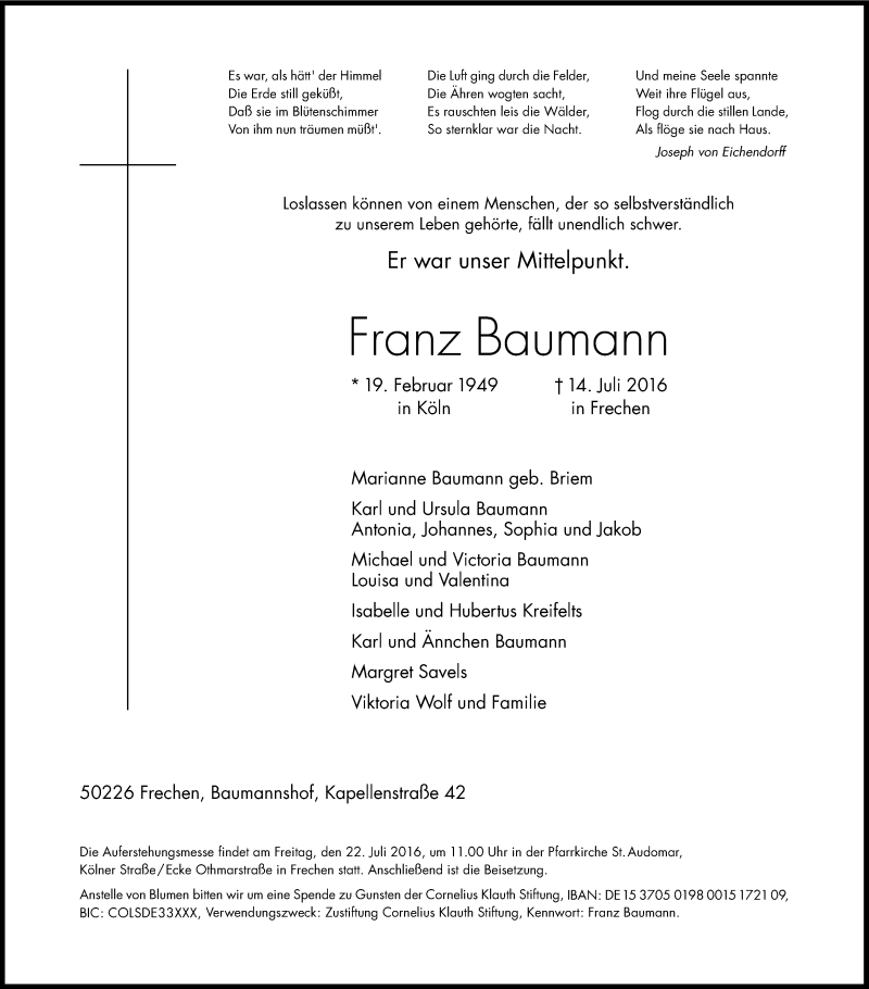  Traueranzeige für Franz Baumann vom 20.07.2016 aus Kölner Stadt-Anzeiger / Kölnische Rundschau / Express