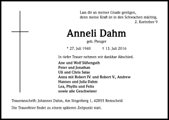 Anzeige von Anneli Dahm von Kölner Stadt-Anzeiger / Kölnische Rundschau / Express