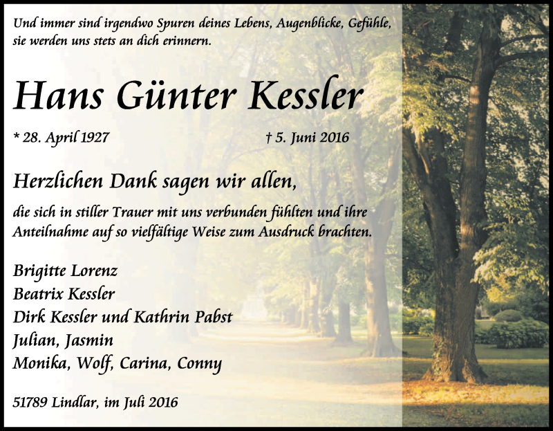 Traueranzeige für Hans Günter Kessler vom 16.07.2016 aus Kölner Stadt-Anzeiger / Kölnische Rundschau / Express