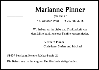 Anzeige von Marianne Pinner von Kölner Stadt-Anzeiger / Kölnische Rundschau / Express