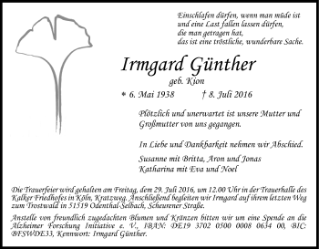 Anzeige von Irmgard Günther von Kölner Stadt-Anzeiger / Kölnische Rundschau / Express