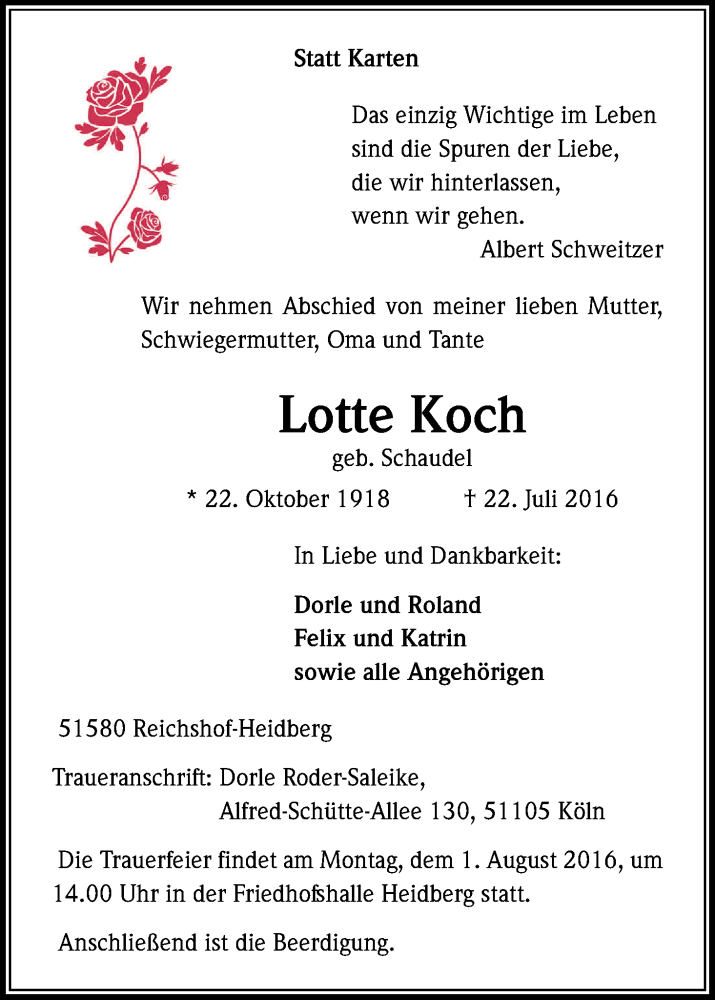  Traueranzeige für Lotte Koch vom 27.07.2016 aus Kölner Stadt-Anzeiger / Kölnische Rundschau / Express