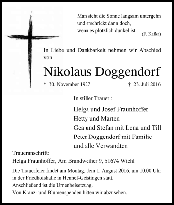 Anzeige von Nikolaus Doggendorf von Kölner Stadt-Anzeiger / Kölnische Rundschau / Express
