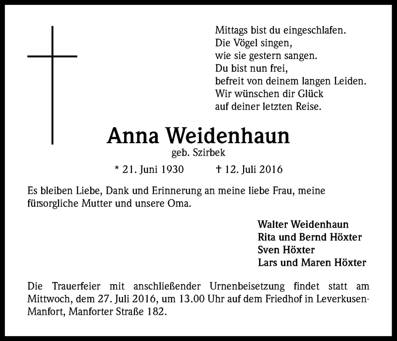  Traueranzeige für Anna Weidenhaun vom 23.07.2016 aus Kölner Stadt-Anzeiger / Kölnische Rundschau / Express